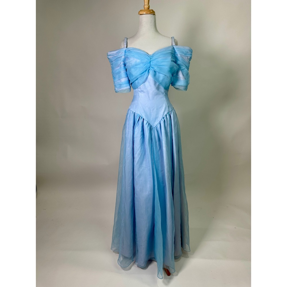 Vintage 70s 80s Blue Chiffon Gown Prom Bridesmaid Dress Basque Waist Light Blue